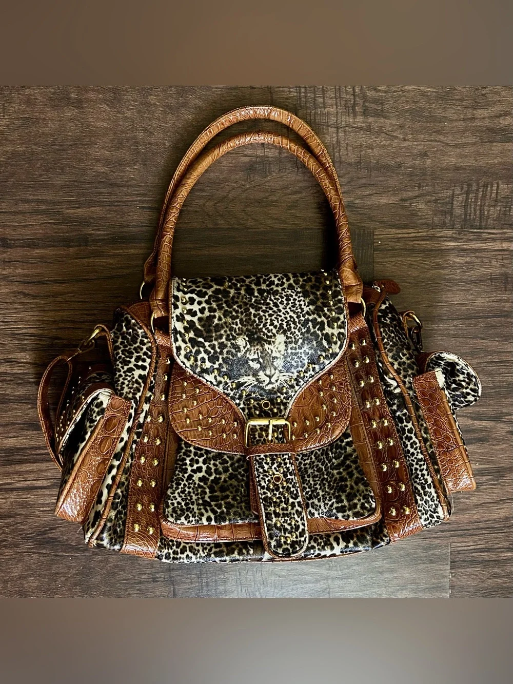 Leopard Print and Brown Studded Satchel Handbag